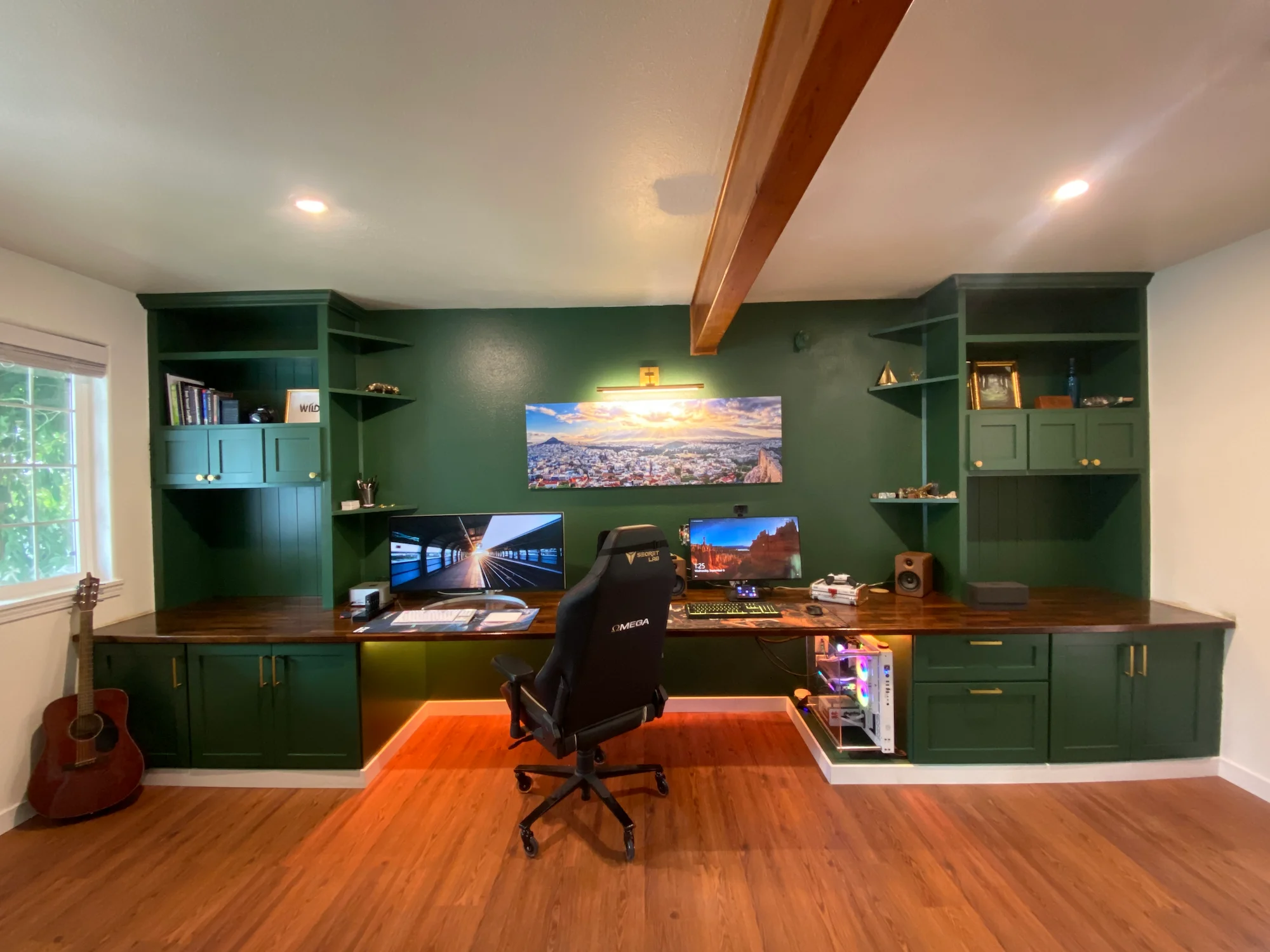 custom green office remodel built in shelving walnut butcher block desk